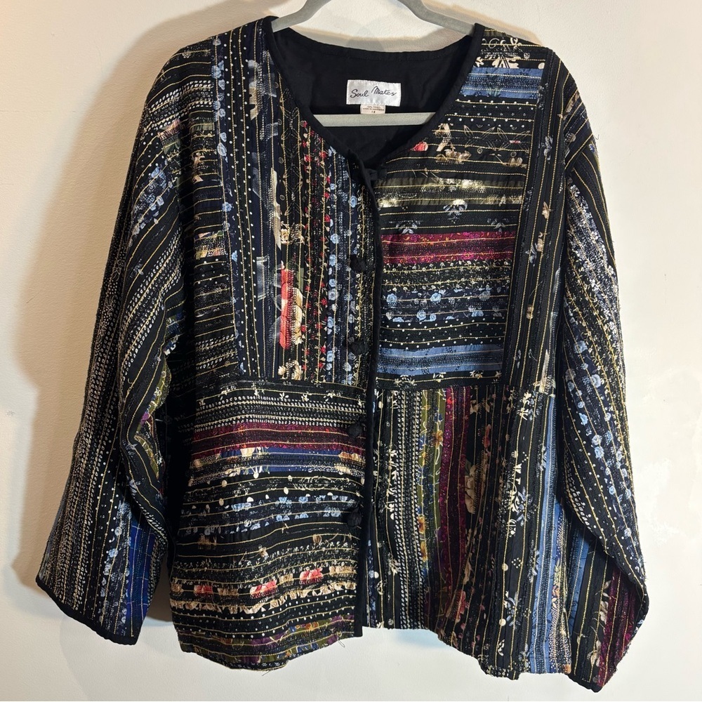 SOUL MATES Sz 1X Colorful Patterned Jacket With Metallic Accents and Embroidery